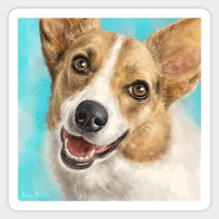 Painting of a Happy Adorable Corgi Dog on Blue Background Sticker